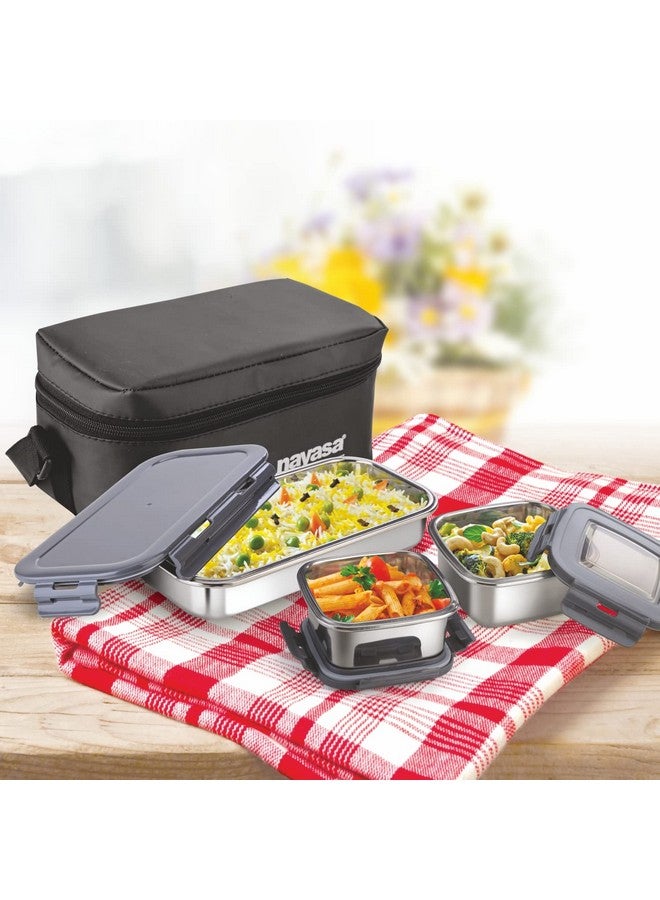 NAYASA Nayasa Stainless Steel Eco Duplex Lunch Box | 1 Roti Box- 640Ml | 2 Containers- 350 ML | Comes with Zipper Pouch | Clip Lock Lid | Air Tight and Leaproof Containers | Blue  - Image 4