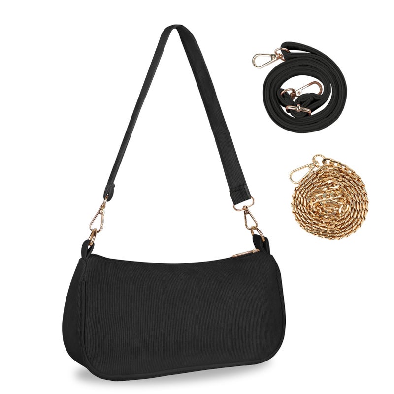 FITDON Small Shoulder Bag for Women, Corduroy Hobo Tote Handbag Clutch Purse Crescent Underarm Bag Y2k Crossbody Bags with 3 Removable Straps, Black - Image 1