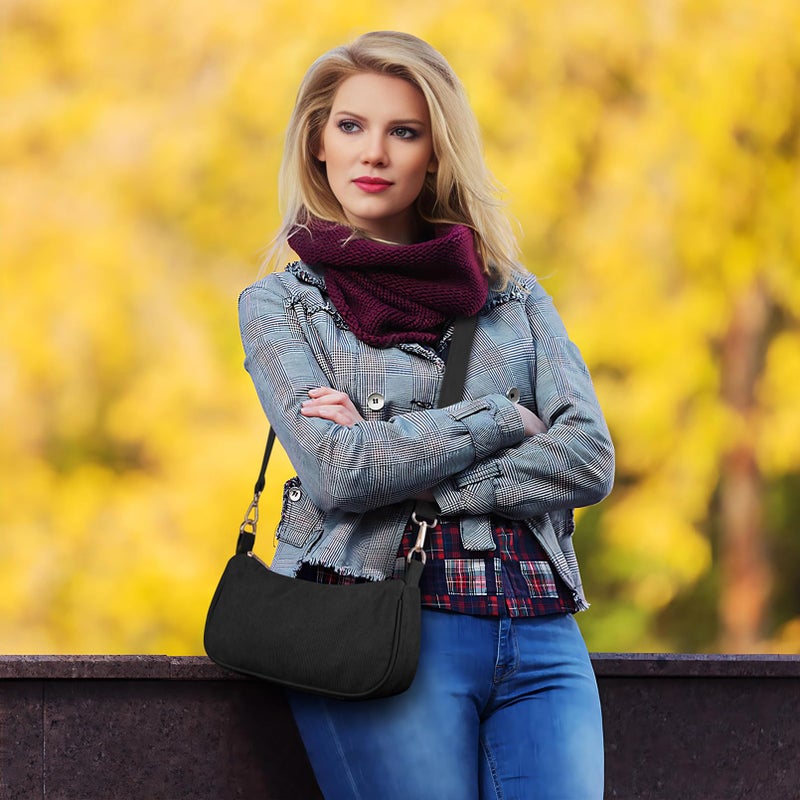 FITDON Small Shoulder Bag for Women, Corduroy Hobo Tote Handbag Clutch Purse Crescent Underarm Bag Y2k Crossbody Bags with 3 Removable Straps, Black - Image 3