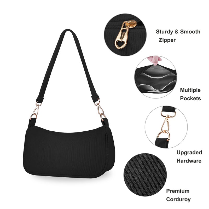 FITDON Small Shoulder Bag for Women, Corduroy Hobo Tote Handbag Clutch Purse Crescent Underarm Bag Y2k Crossbody Bags with 3 Removable Straps, Black - Image 4