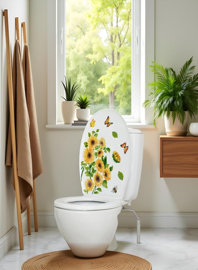Galepromot Sunflower Butterfly Bathroom Toilet Sticker Self-Adhesive Waterproof PVC Wall Murals Yellow Floral Toilet Lid Decals Home Art Decor DIY Removable Waterproof Toilet Sticker Toilet Lid Decals - Image 3