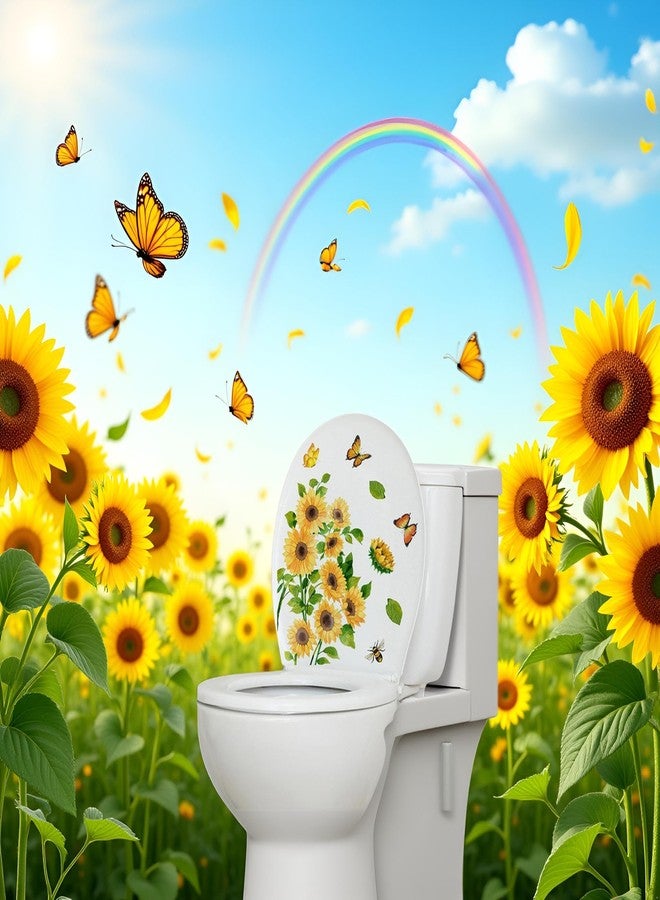Galepromot Sunflower Butterfly Bathroom Toilet Sticker Self-Adhesive Waterproof PVC Wall Murals Yellow Floral Toilet Lid Decals Home Art Decor DIY Removable Waterproof Toilet Sticker Toilet Lid Decals - Image 4
