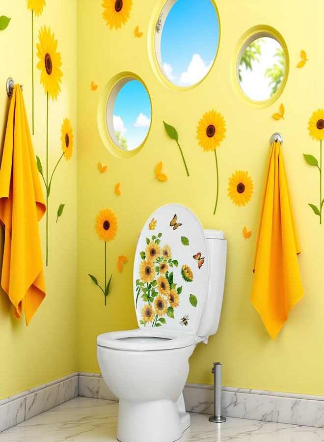 Galepromot Sunflower Butterfly Bathroom Toilet Sticker Self-Adhesive Waterproof PVC Wall Murals Yellow Floral Toilet Lid Decals Home Art Decor DIY Removable Waterproof Toilet Sticker Toilet Lid Decals - Image 2