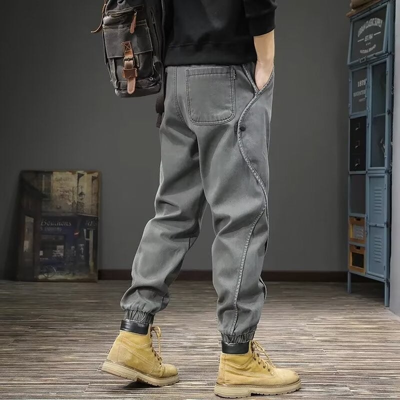 Retro American Cargo Pants Mens Casual Loose Fit K198 Gray - Image 1