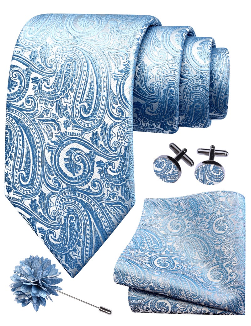 GUSLESON Dusty Blue Tie for Men Wedding Silk Paisley Necktie Pocket Square Cufflinks and Lapel Pin Brooch Set (IN6103-31) - Image 1
