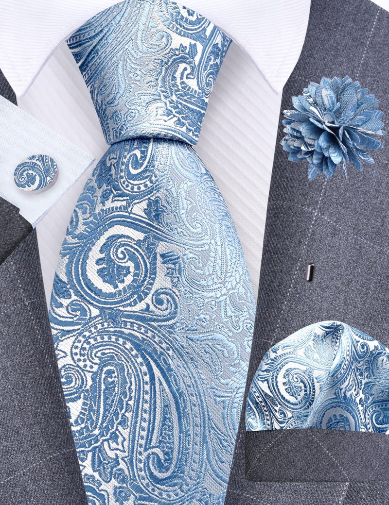 GUSLESON Dusty Blue Tie for Men Wedding Silk Paisley Necktie Pocket Square Cufflinks and Lapel Pin Brooch Set (IN6103-31) - Image 2