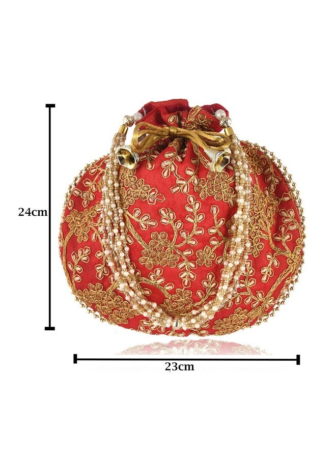 STLYZ Traditional Embroidered Potli Bag For Women, Handmade Pure Silk Potli Handbag Wristlets Ethnic Bridal Potli Batwa Bag For Ladies For Wedding, Return Gifts (Red) - Image 4