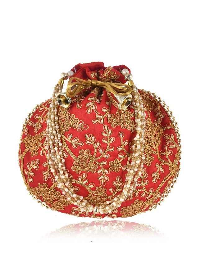 STLYZ Traditional Embroidered Potli Bag For Women, Handmade Pure Silk Potli Handbag Wristlets Ethnic Bridal Potli Batwa Bag For Ladies For Wedding, Return Gifts (Red) - Image 1