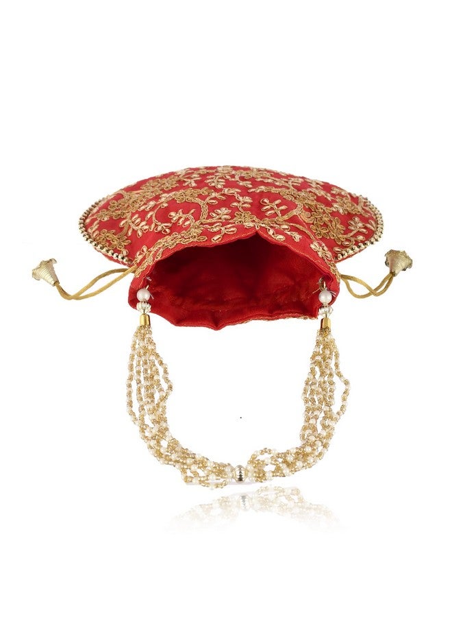 STLYZ Traditional Embroidered Potli Bag For Women, Handmade Pure Silk Potli Handbag Wristlets Ethnic Bridal Potli Batwa Bag For Ladies For Wedding, Return Gifts (Red) - Image 5