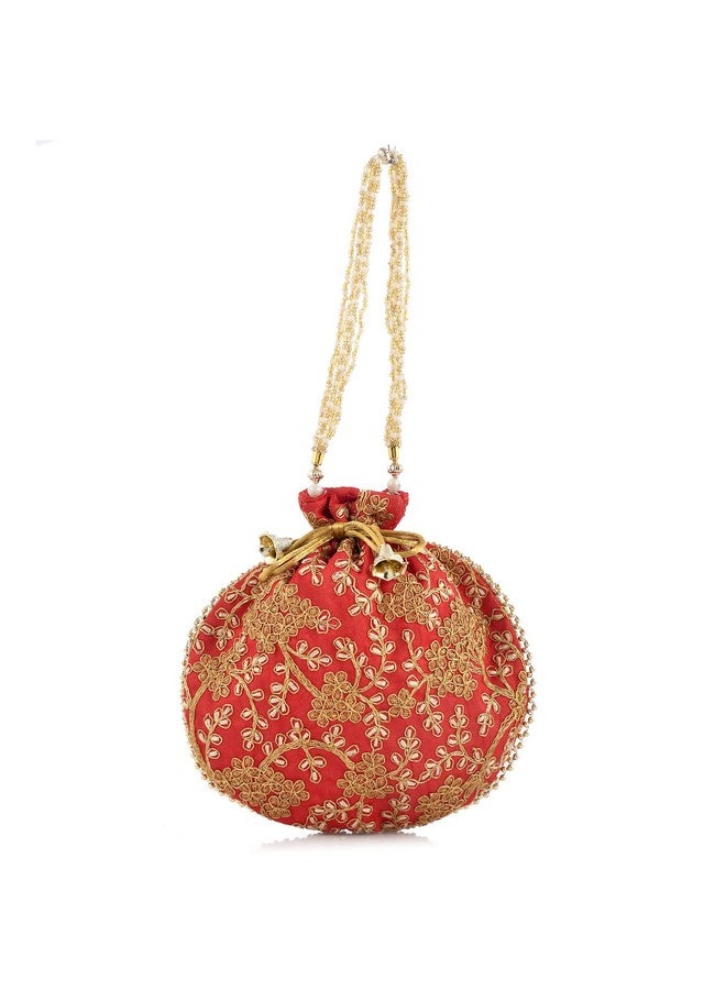 STLYZ Traditional Embroidered Potli Bag For Women, Handmade Pure Silk Potli Handbag Wristlets Ethnic Bridal Potli Batwa Bag For Ladies For Wedding, Return Gifts (Red) - Image 2