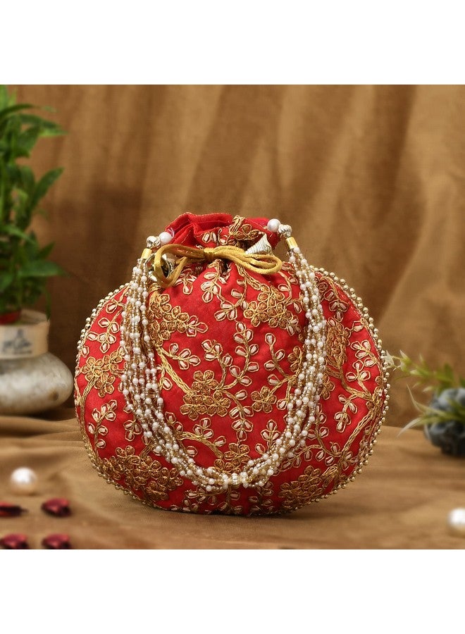 STLYZ Traditional Embroidered Potli Bag For Women, Handmade Pure Silk Potli Handbag Wristlets Ethnic Bridal Potli Batwa Bag For Ladies For Wedding, Return Gifts (Red) - Image 3