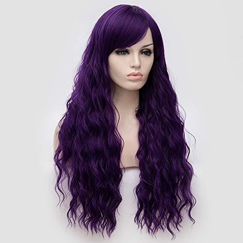 BERON Dark Purple Wigs Long Curly Wig with Side Bangs Wavy Women Purple Synthetic Wig Halloween Cosplay Party Daily Wear Wig (Dark Purple) - Image 3