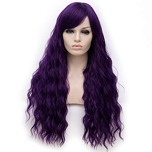 BERON Dark Purple Wigs Long Curly Wig with Side Bangs Wavy Women Purple Synthetic Wig Halloween Cosplay Party Daily Wear Wig (Dark Purple) - Image 1