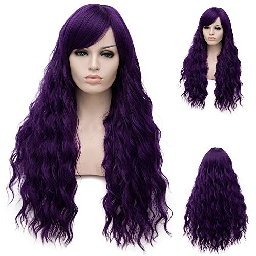 BERON Dark Purple Wigs Long Curly Wig with Side Bangs Wavy Women Purple Synthetic Wig Halloween Cosplay Party Daily Wear Wig (Dark Purple) - Image 5