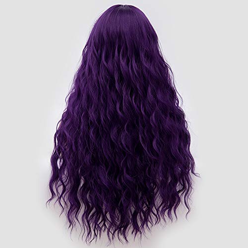 BERON Dark Purple Wigs Long Curly Wig with Side Bangs Wavy Women Purple Synthetic Wig Halloween Cosplay Party Daily Wear Wig (Dark Purple) - Image 4