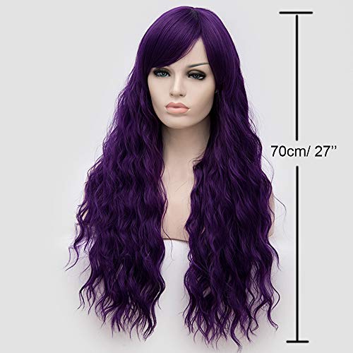 BERON Dark Purple Wigs Long Curly Wig with Side Bangs Wavy Women Purple Synthetic Wig Halloween Cosplay Party Daily Wear Wig (Dark Purple) - Image 2