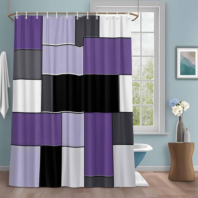 Purple Black Shower Curtain with 12 Hooks Geometric Abstract Color Block Patchwork Waterproof Fabric Shower Curtains Sets for Bathroom Bath Decorations, Machine Washable, 72"x72" - Image 1