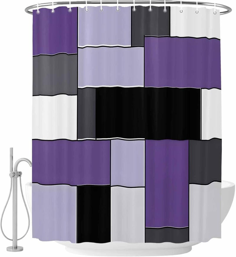 Purple Black Shower Curtain with 12 Hooks Geometric Abstract Color Block Patchwork Waterproof Fabric Shower Curtains Sets for Bathroom Bath Decorations, Machine Washable, 72"x72" - Image 2