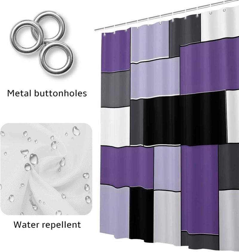 Purple Black Shower Curtain with 12 Hooks Geometric Abstract Color Block Patchwork Waterproof Fabric Shower Curtains Sets for Bathroom Bath Decorations, Machine Washable, 72"x72" - Image 4