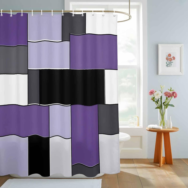 Purple Black Shower Curtain with 12 Hooks Geometric Abstract Color Block Patchwork Waterproof Fabric Shower Curtains Sets for Bathroom Bath Decorations, Machine Washable, 72"x72" - Image 3
