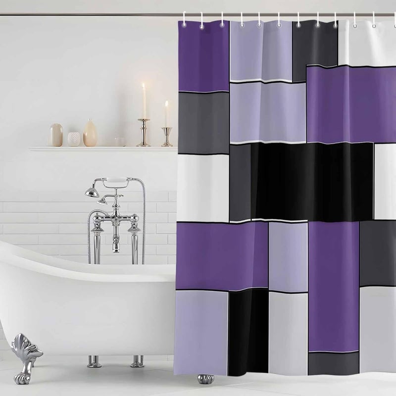 Purple Black Shower Curtain with 12 Hooks Geometric Abstract Color Block Patchwork Waterproof Fabric Shower Curtains Sets for Bathroom Bath Decorations, Machine Washable, 72"x72" - Image 5