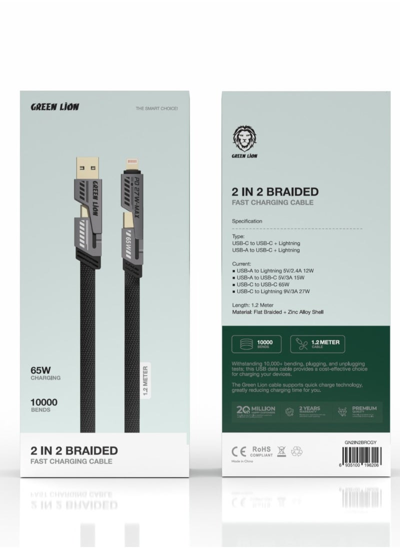 GREEN LION - 2 in 2 Braided Cable C to C+L and A to C+L 1.2m 65W / Wide Compatibility / Charge & Sync / Secure & Safe / Fast Charging Cable / High-Speed/ Tangle-Free Wire - Grey - Image 1
