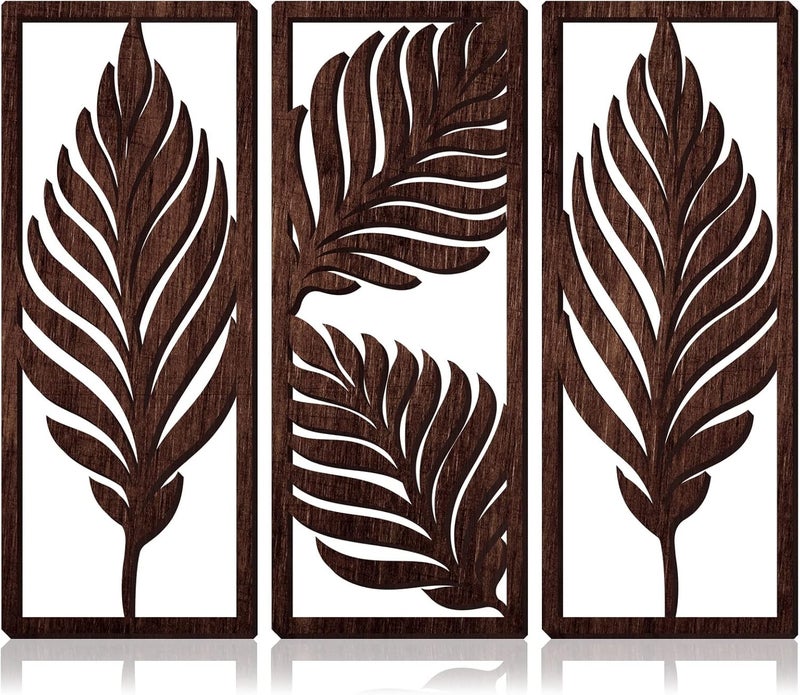 Yulejo 3 Pcs Boho Wooden Art Wall Decor Leaf Sign Wall Accent Rustic Palm Leaf Wood Art Wall Hanging Sculpture Vintage Tropical Plant Wood Wall Plaque for Home Bathroom Living Room Office Decoration (Brown) - Image 1