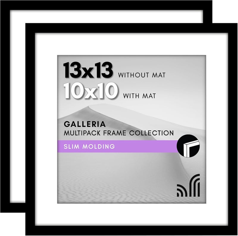 Americanflat 13x13 Picture Frame in Black - Set of 2 - Use as 10x10 Picture Frame with Mat or 13x13 Frame Without Mat - Collage Picture Frames with Plexiglass Cover and Hanging Hardware for Wall - Image 1