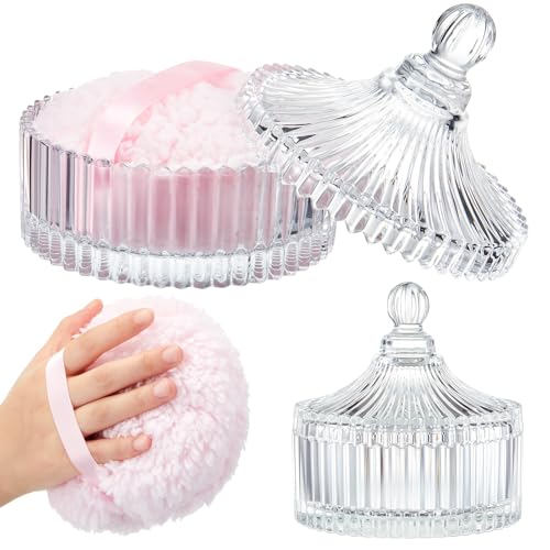 Tioncy 2 Pcs Extra Large Dusting Powder Puff and Container for Women6 Glass Crystal Dusting Powder Container with Body Soft Washable Reusable Velour FaceClearClassic - Image 1