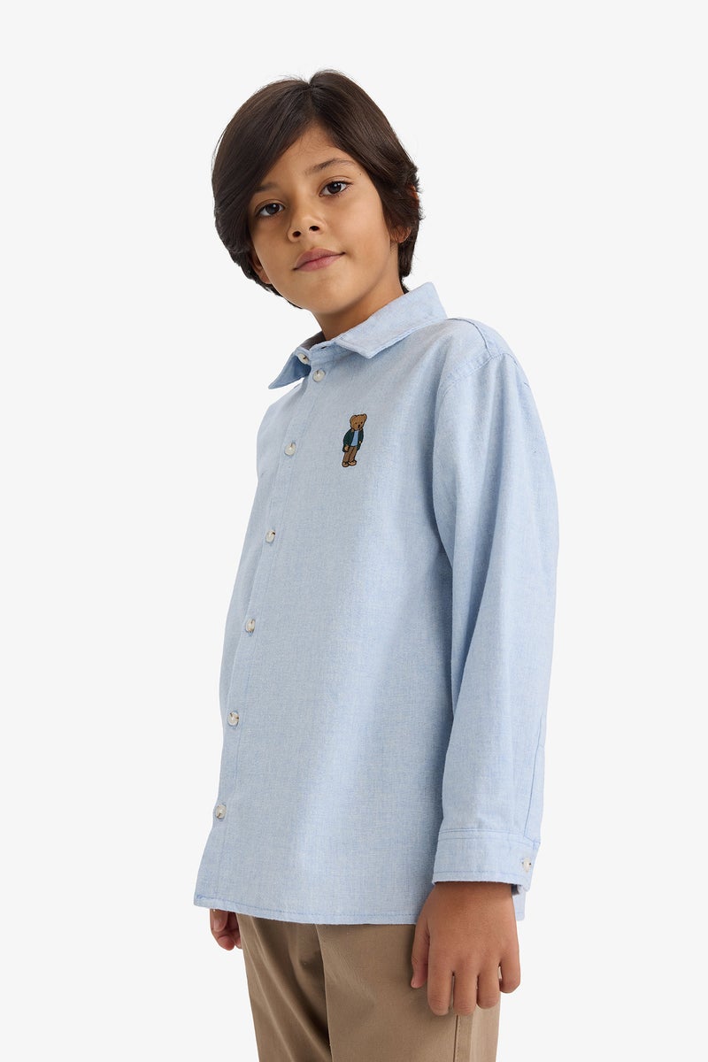 DeFacto Blue Boy Boy Oversize Fit Bear Printed Polo Neck Flannel Shirt Casual - Image 3