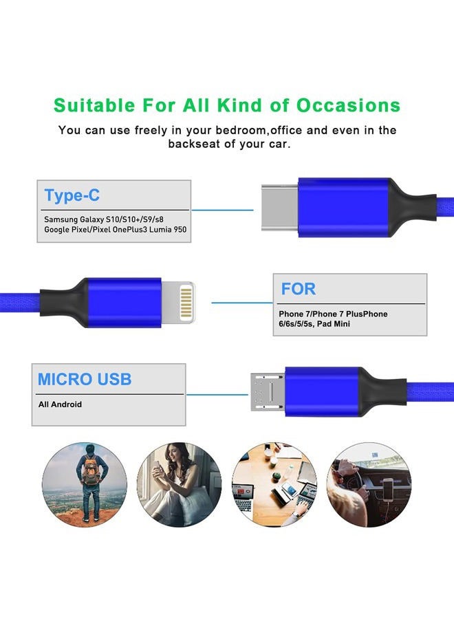 MTAKYI Multi 3 in 1 USB Long iPhone Charging Cable, 3M/10Ft Nylon Braided Universal Phone Charger Cord USB C/Micro USB/Lightning Connector Adapter for Android/Apple/Samsung/LG/Pixel/Huawei/XiaoMi(Blue) - Image 2