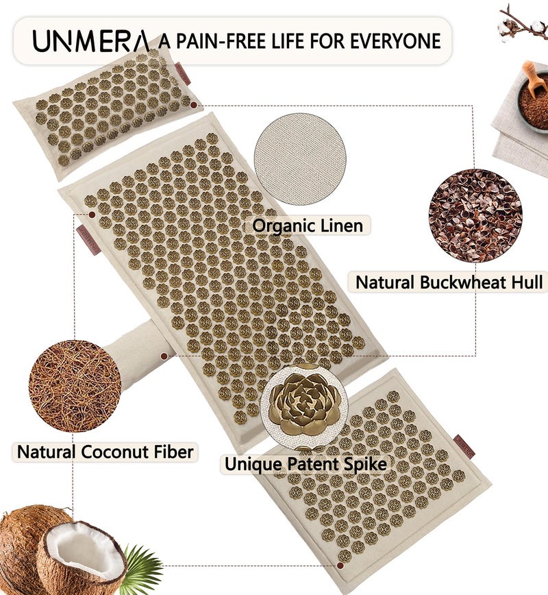UNMERA مجموعة حصيرة ووسادة العلاج بالضغط، قماش كتان طبيعي وحشو من ألياف جوز الهند، مؤهلة لـ FSA/HSA، لتخفيف آلام الظهر/الرقبة، عرق النسا، الصداع واسترخاء العضلات، تأتي مع حقيبة حمل - Image 2