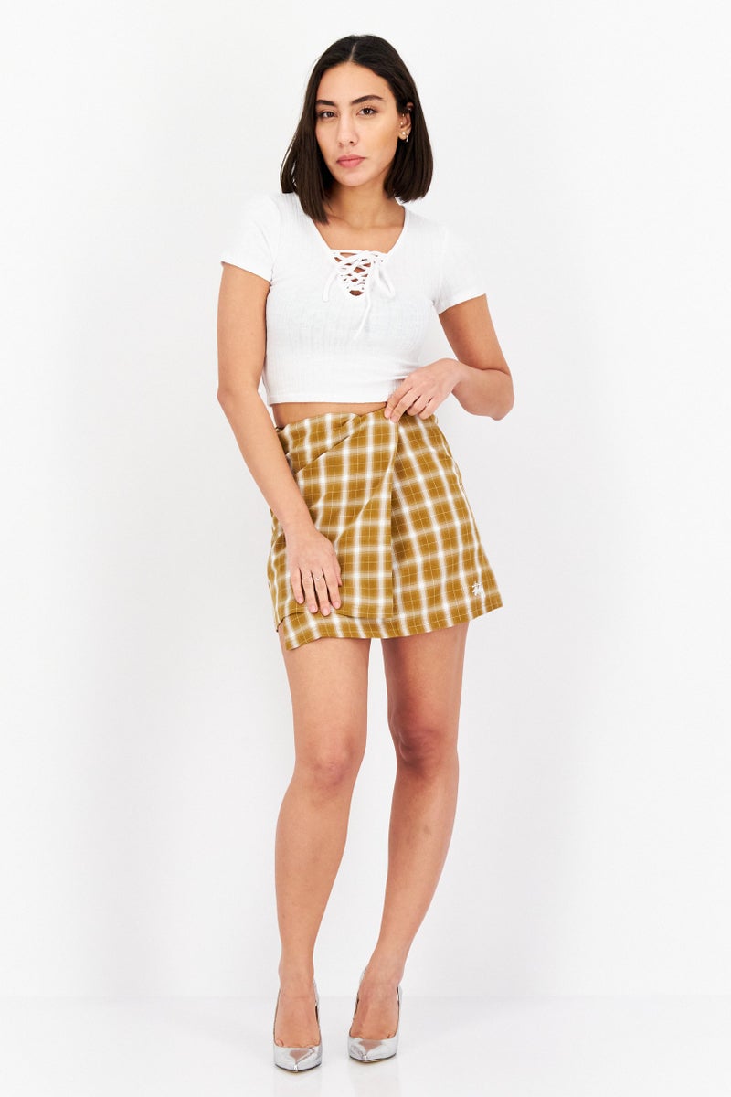 stussy Women Embroidered Logo Checkered Mini Skirt, Brown Combo - Image 2