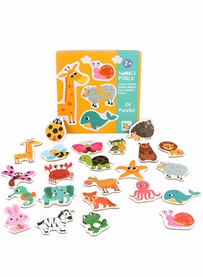 DURKU Set of 24 Wooden Animal Theme Puzzles for Children - Early Learning Montessori Educational Toys - Image 1