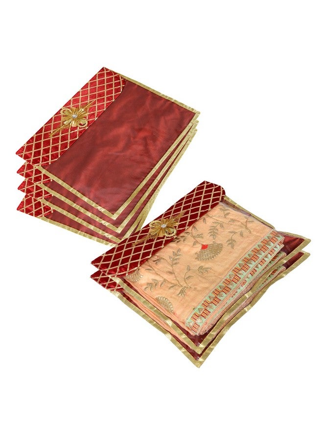 Kuber Industries Saree Cover | Clothes Storage Bag | Single Packing Saree with Velcro | Wardrobe Organizer | Cloth Stoarge Organizer | Check Jama Brooch-Design | Pack of 6 | Maroon - Image 1