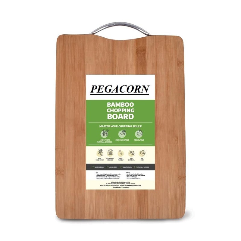 PEGACORN Steel Handle Large Natural Bamboo Wood Chopping Cutting Board for Kitchen Vegetables Fruits Cheese BPA Free EcoFriendly AntiMicrobial Chopping Board for Kitchen 20 x 30 CM - Image 1
