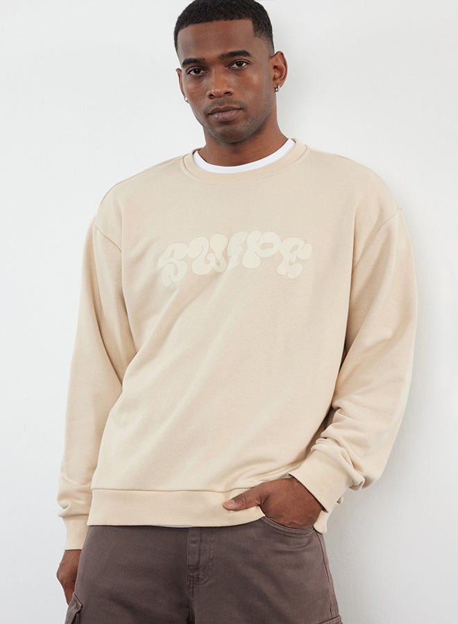trendyol Beige Oversize/Wide Cut Embossed Printed Sweatshirt TMNAW25SW00046 - Image 1