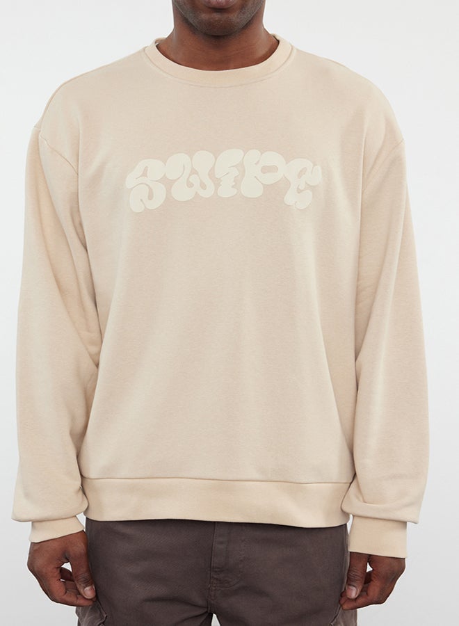 trendyol Beige Oversize/Wide Cut Embossed Printed Sweatshirt TMNAW25SW00046 - Image 4