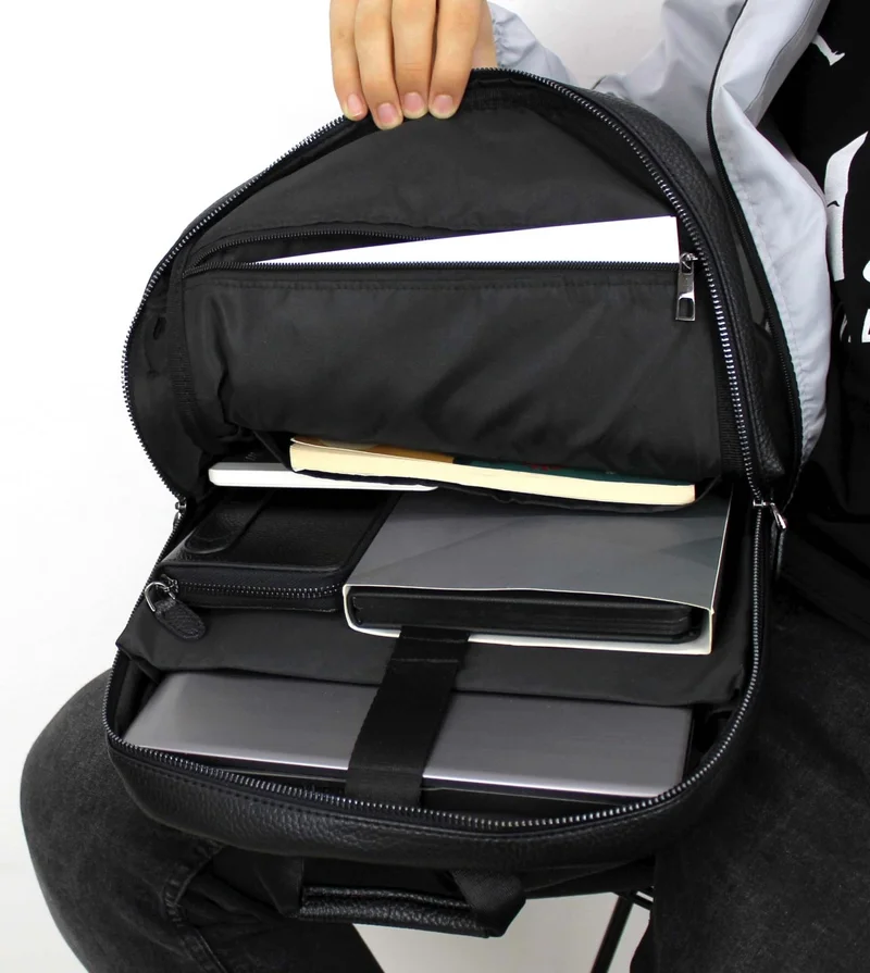Derise Club Unisex Black Faux Leather School and Backpack with Headphone Output and 15 Inch Laptop Compartment