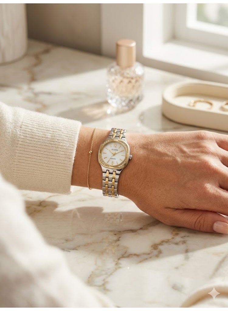 GUESS Women's Two-Tone Dress Watch with Crystal Bezel and White Textured Dial - Image 2