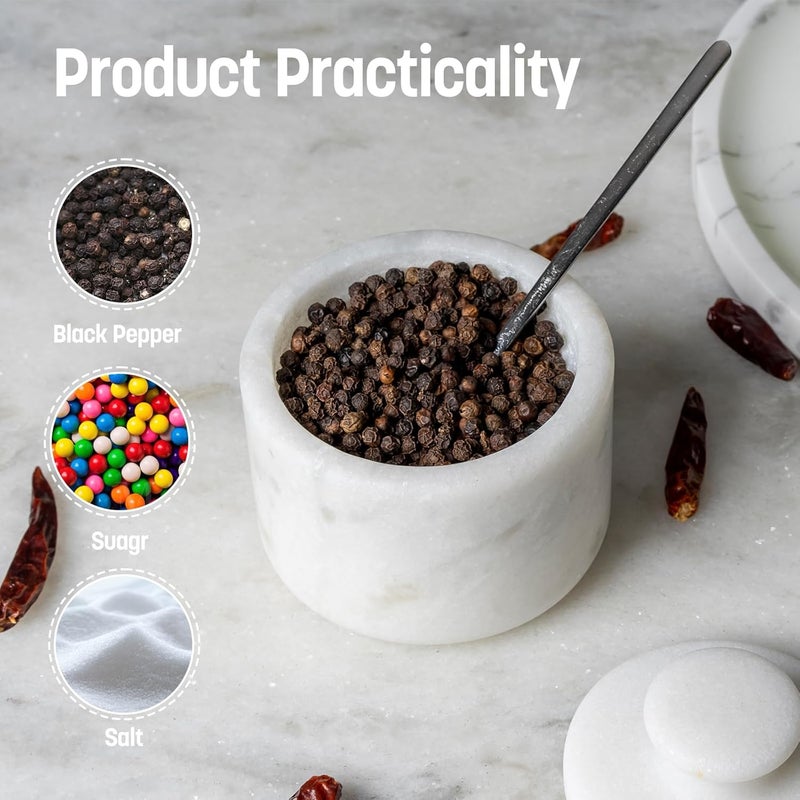Koville Marble Salt Cellar with Lid 3.5" White, Stone Pepper Container & Spice Jars for Kitchen, Marble Salt and Pepper Holder, Stone Storage Box for Kitchen Counter, Spice Jar(Namib Fantasy White) - Image 5