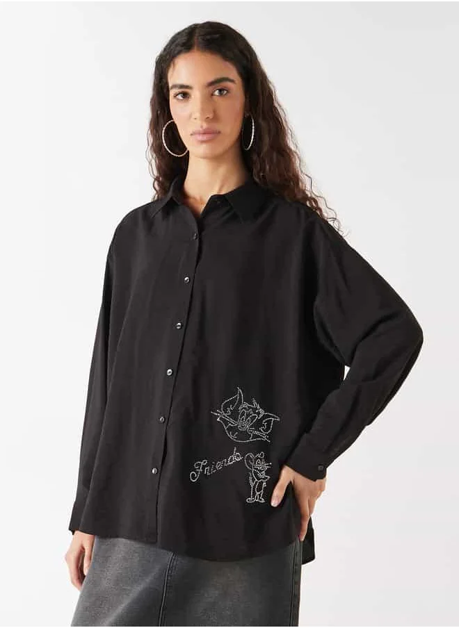 SP Characters Tom and Jerry Embellished Shirt with Long Sleeves and Button Closure