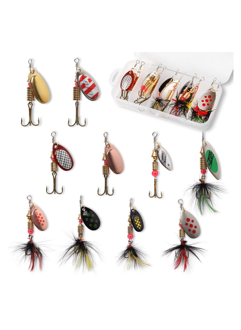 Excefore - Fishing Lure Spinnerbait, 10 Pcs Bass Trout Salmon Hard Metal Spinner Baits Kit with Tackle Boxes, Portable Spinner Baits for Saltwater Freshwater Bass Trout Salmon Crappies Perch Fishing - Image 1
