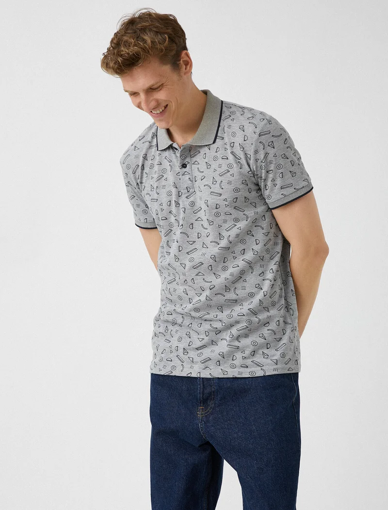 كوتون Geometric Patterned Polo Neck T-Shirt