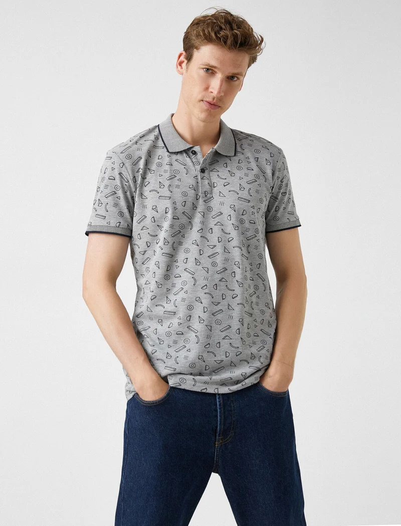 كوتون Geometric Patterned Polo Neck T-Shirt