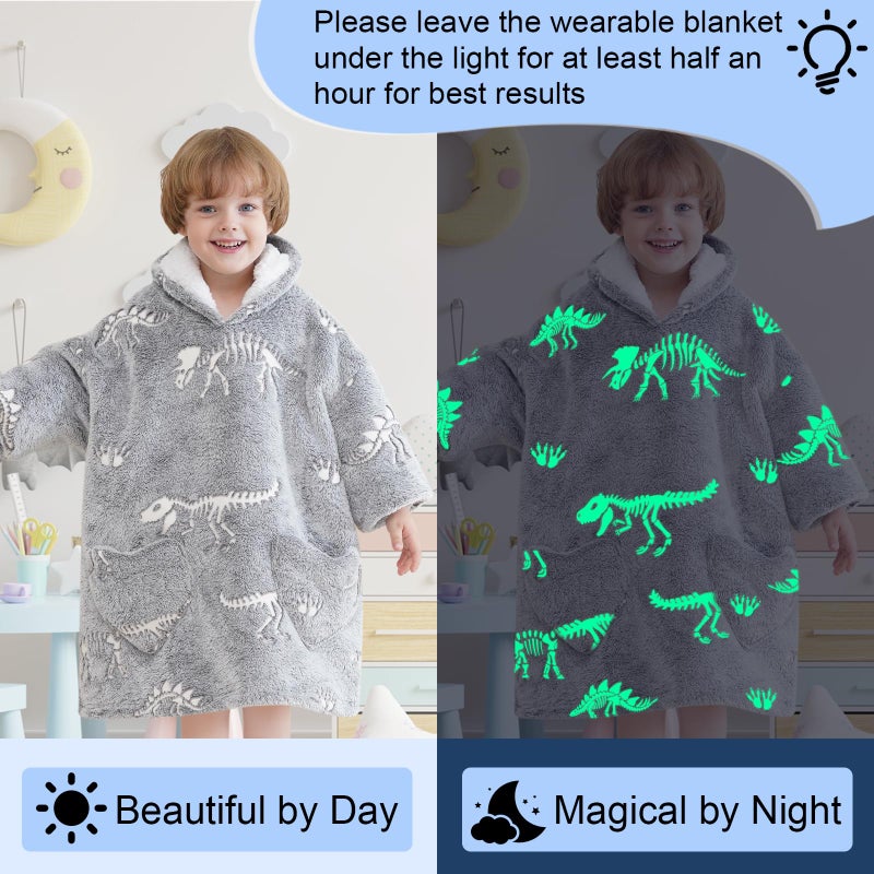 Fiosnow Glow in the Dark Dinosaur Fossil Blanket Hoodies for Kids Toddler 2-6YR Oversize Wearable Blanket Hoodies for Boys Girls - Image 2