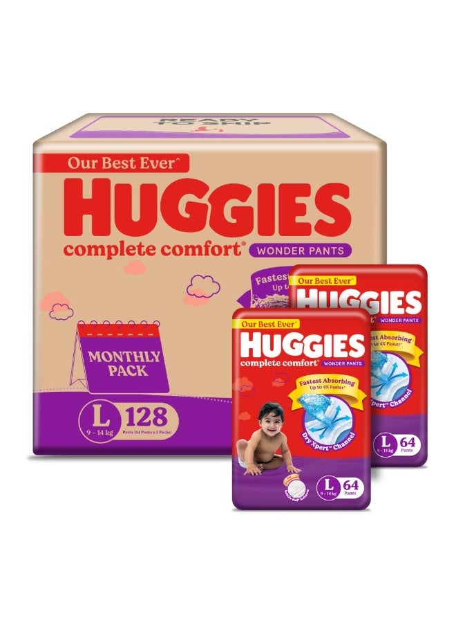 Huggies Complete Comfort Wonder Pants | Pant Style Baby Diapers L Size, 64*2 Count | India's Fastest Absorbing Diaper, Patented Dry Xpert Channel, Ideal for 9 to 14 Kgs (Pack of 2) - Image 1
