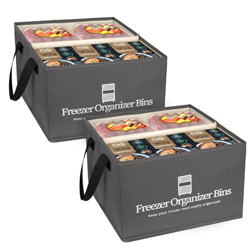 Flenpptly Freezer Organizer Bins, 2 Pack Collapsible Deep Freezer Organizer Bins for 15"x14"x9", freezer Storage Bins with Removable Dividers, Handles (Dark Grey, 2 Pack) - Image 1