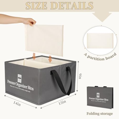 Flenpptly Freezer Organizer Bins, 2 Pack Collapsible Deep Freezer Organizer Bins for 15"x14"x9", freezer Storage Bins with Removable Dividers, Handles (Dark Grey, 2 Pack) - Image 2
