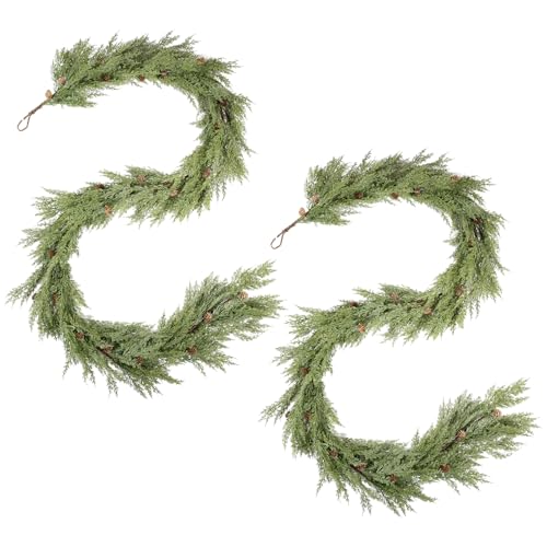 WBHome 2pcs Real Touch Cypress Cedar & Pine Cone Evergreen Garland for Christmas Holiday Seasonal Outdoor/Indoor Home Decor, 9FT Long - Image 1